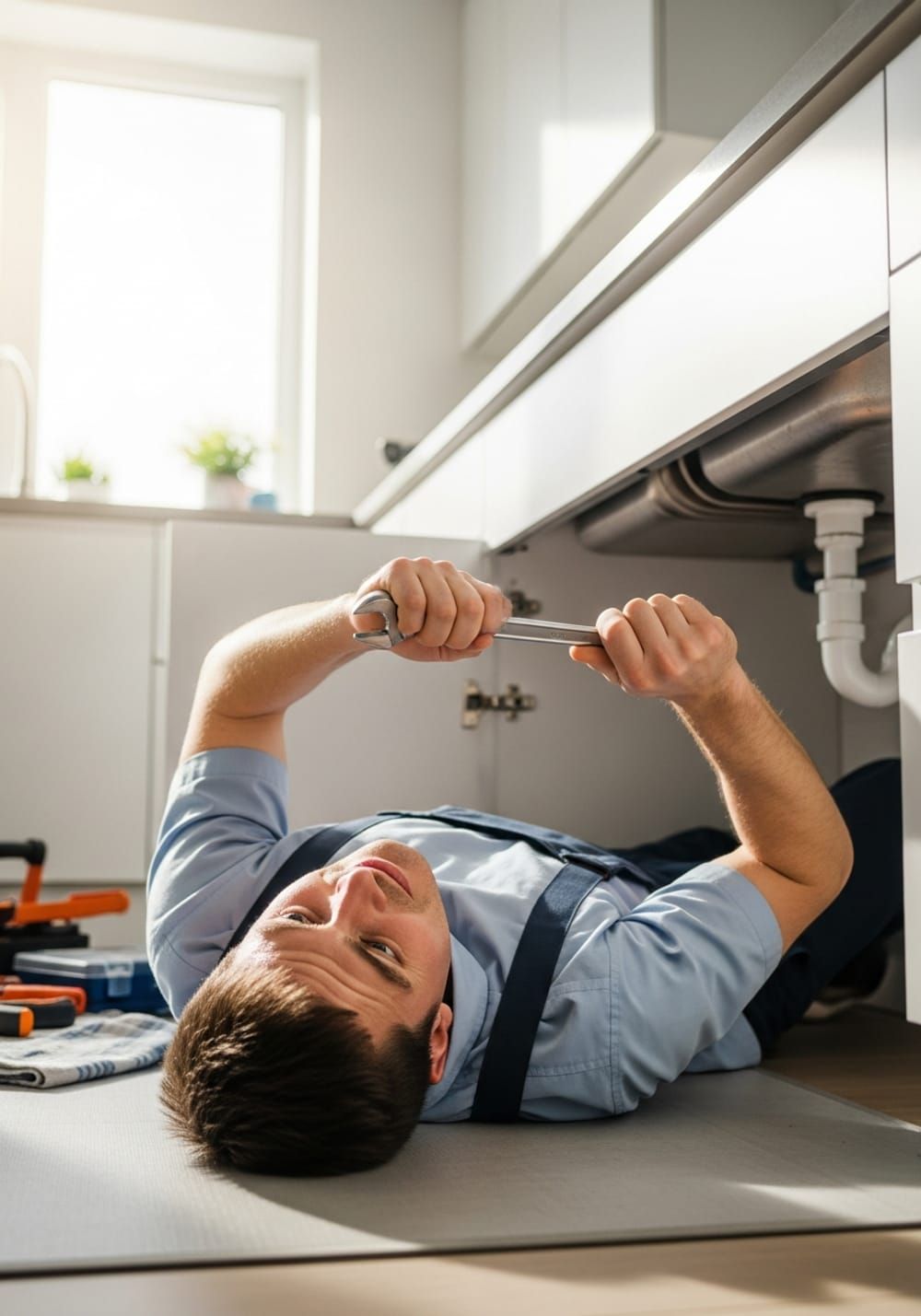 Licensed plumber installing a tankless water heater in a Palm Beach County home